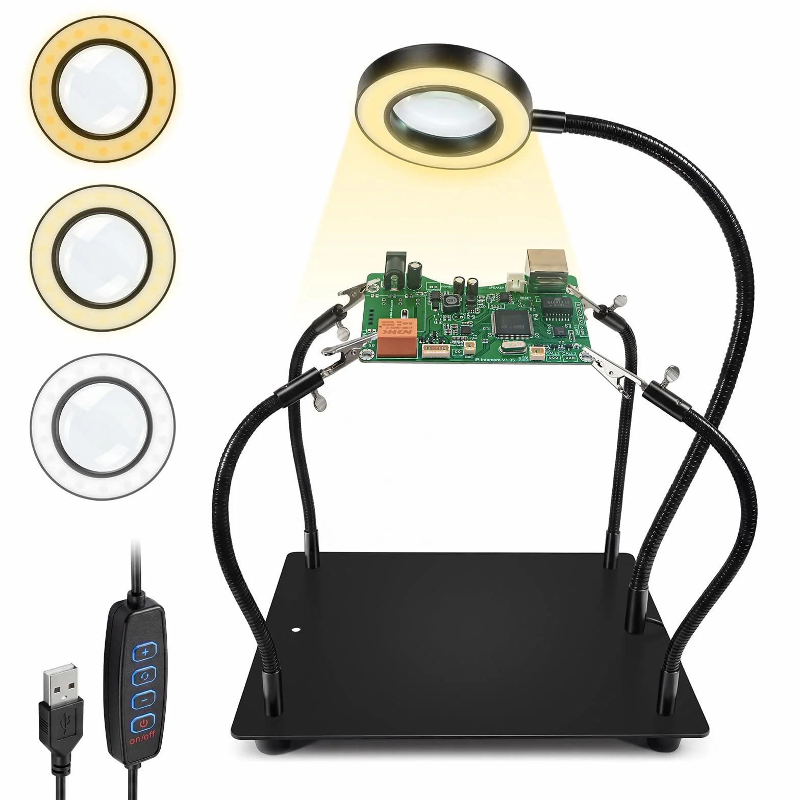 Troisième Main Soudure 6X Loupe LED Lampe 4 Bras Flexibles Support Circuit Imprimé Station de Soudage pour Bijoutier Electronicien Bricolage