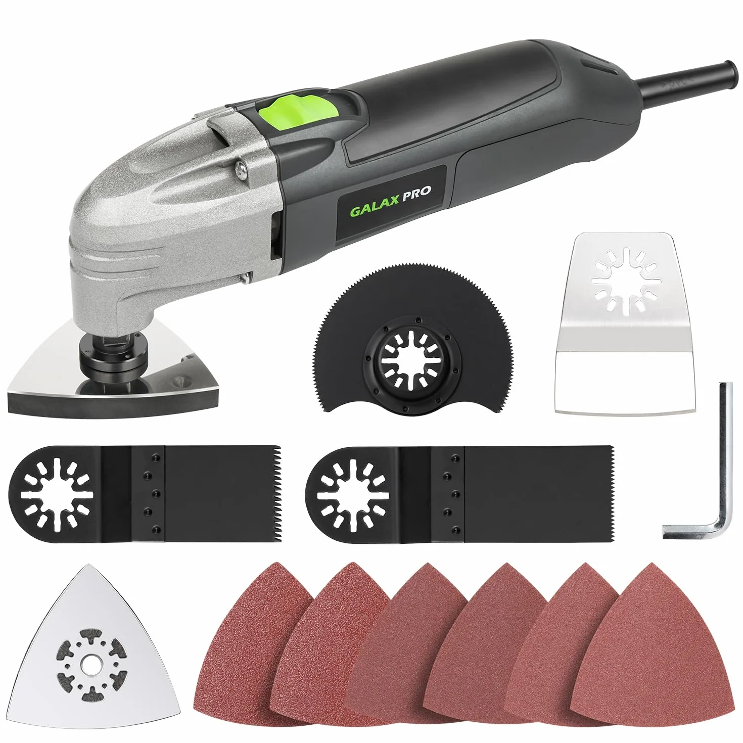 Outil oscillant GALAX PRO 180W, 22000 OPM, angle d'oscillation de 3 degrés, 3 lames de scie, 1 plateau de ponçage semi-circulaire, 6 feuilles de papier abrasif pour le ponçage et le meulage