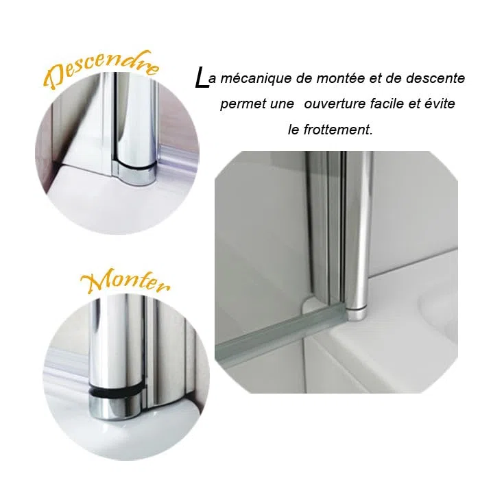Pare-baignoire 90x140cm à 2 volets, écran de douche pivotant et pliant, paroi de baignoire en verre securit clair et anticalcaire