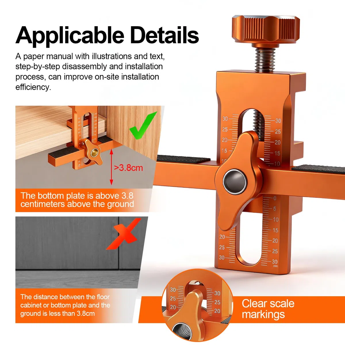 2-en-1 Positionneur d'Installation de Porte d'Armoireréglable en Hauteur, Gabarit de Percage, Forets 6/8/10 mm, pour Porte d'Armoire, Compatible panneaux 7–40 mm, Manuel d'instructions illustré