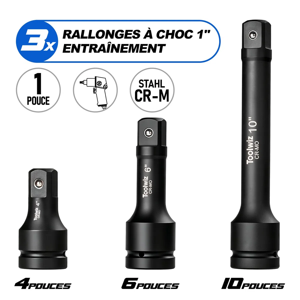 Toolwiz Jeu de Rallonges 1" pour Clé à Chocs 100mm, 150mm, 200mm, Cr-Mo | 3 Pièces, Compatible avec les Outils à Chocs Pneumatiques et Électriques, pour Réparation Mécanique, Boîte en PVC