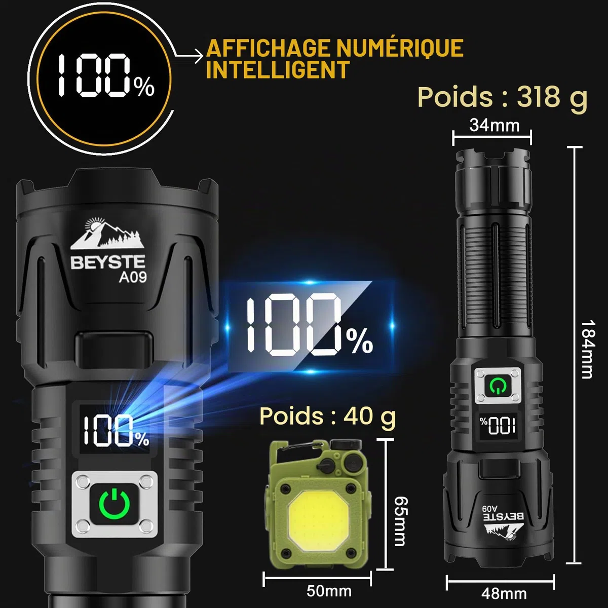 Lampe Torche LED Ultra Puissante, 1,000,000 Lumens Lampe De Poche, Torche LED Puissante Rechargeable, Lampe Torche Puissante, XHQ99.2 Torche à Haute Luminosité, Pour Camping Randonnée Urgence