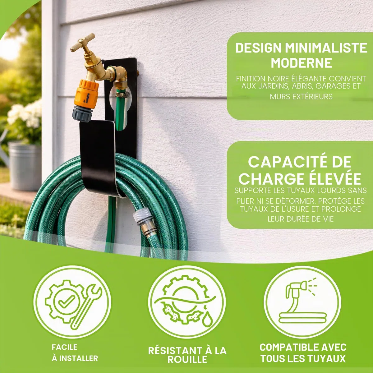 Navoys Support de tuyau extensible – Fer durable, peu encombrant et résistant aux intempéries pour tuyaux de 7,5 m à 30 m, support de robinet