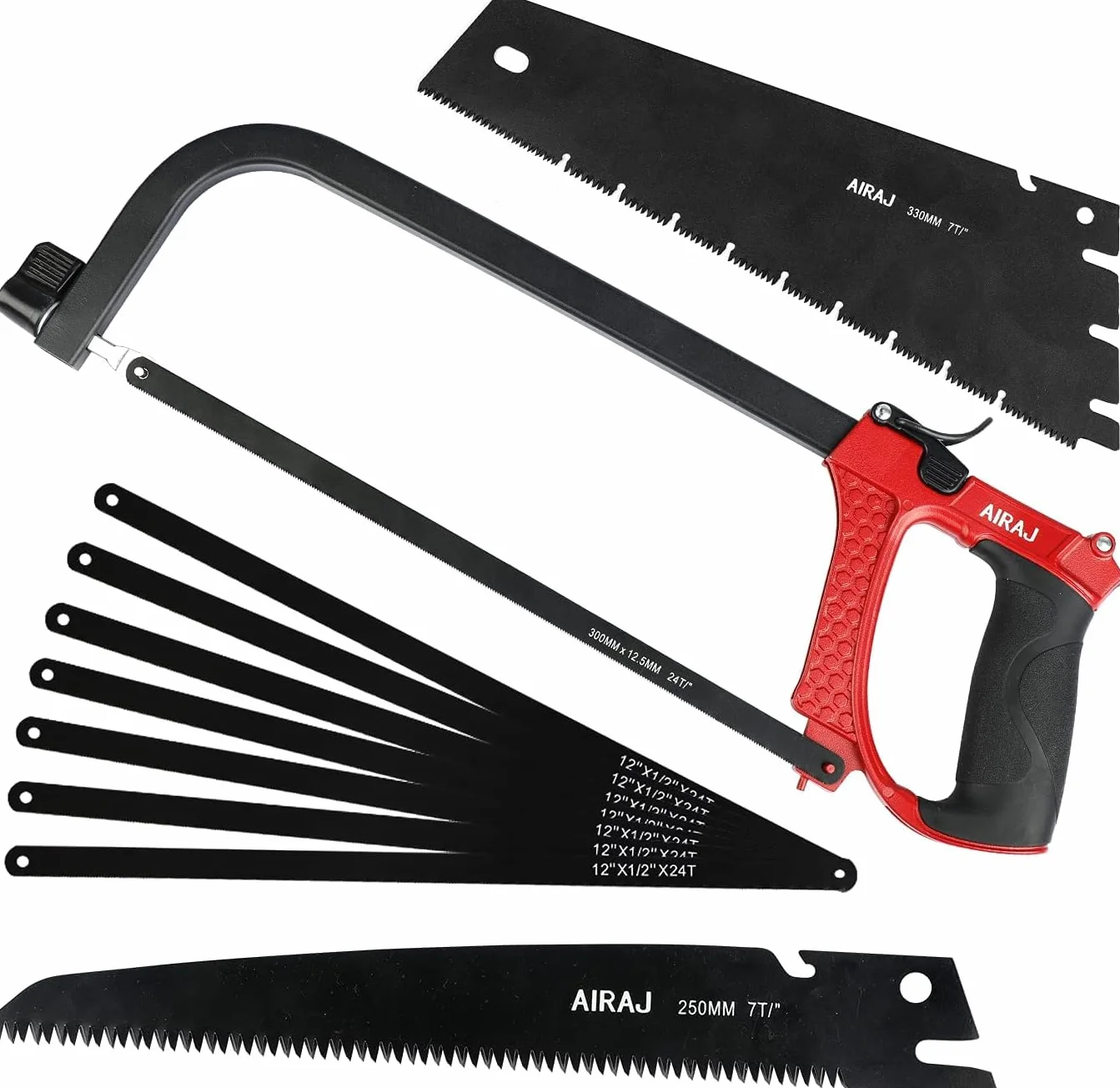 AIRAJ Scie À Métaux 300mm, Poignée Antidérapante, 9 Bandes De Scie De Rechange, Pour La Découpe De Tubes En Métal, Bois Et PVC