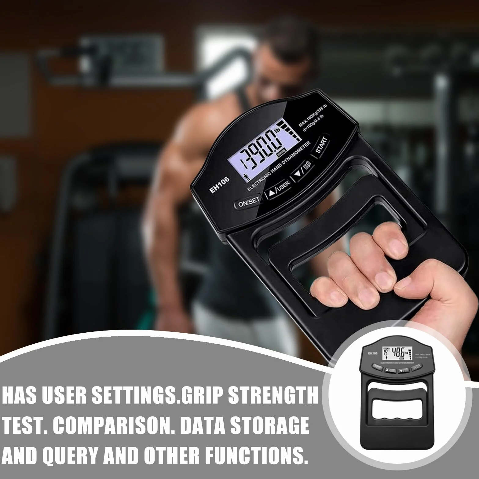 Digitaler Handkraftmessgerät, Schwarz 396lb/180Kg Hand Dynamometer mit USB-Ladekabel Grip Strength Trainer Elektronische Griffkraft Messgerät LED Display Grip Strength Trainer Kraftmesser