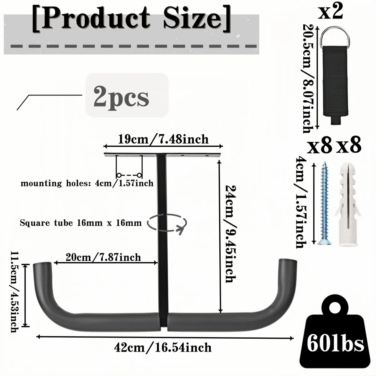 Crochets de rangement de garage aérien, double support de plafond robuste pour bois d'œuvre, échelles, vélos, pneus et autres articles volumineux (2, 42 cm)