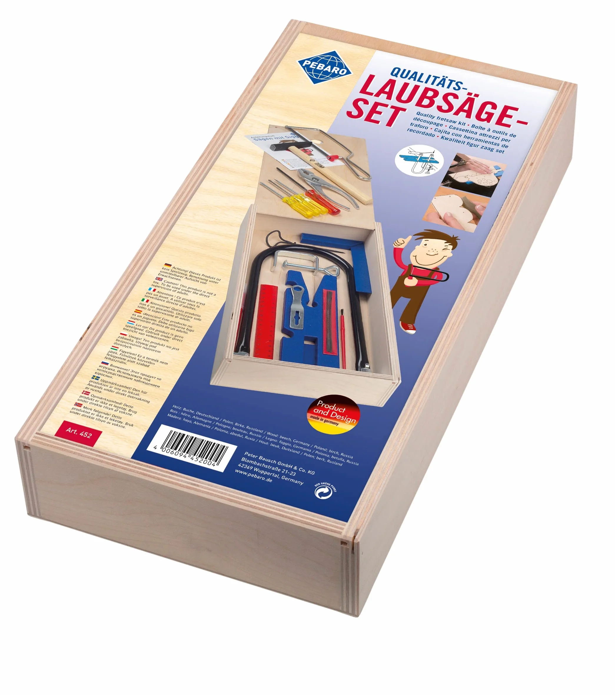 Pebaro 452 Boîte de scies à chantourner de qualité supérieure avec couvercle coulissant, qui est en même temps une plaque de décapage, 23 pièces, kit de bricolage, scie à chantourner fabriquée en