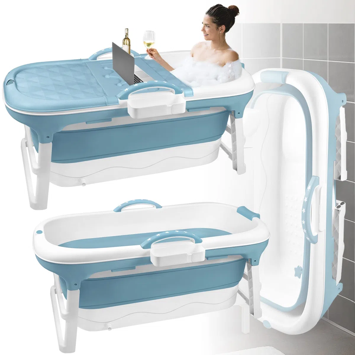 LARS360 Baignoire pliante pour adulte - Baignoire de voyage pliante avec couvercle amovible - Porte-savon, rouleaux de massage, baignoire mobile pour petite salle de bains (118 x 62 x 53 cm)