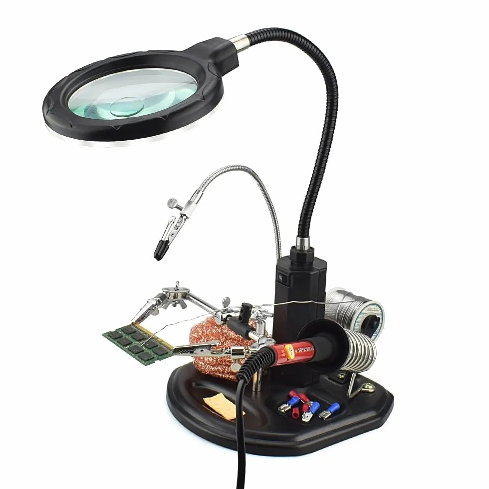 MMOBIEL Troisième main Robuste avec Loupe 2.5X à 4X, Lampe LED, Support Fer à souder avec Pinces et clips de soutien