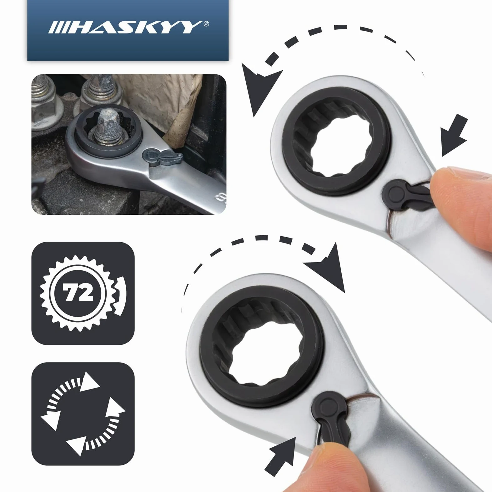 HASKYY Jeu de 3 clés à cliquet doubles SW 8-19 mm dans étui système I 8-10 x 9-11 I 12-13 x 14-15 I 16-17 x 18-19 Jeu de clés polygonales plates