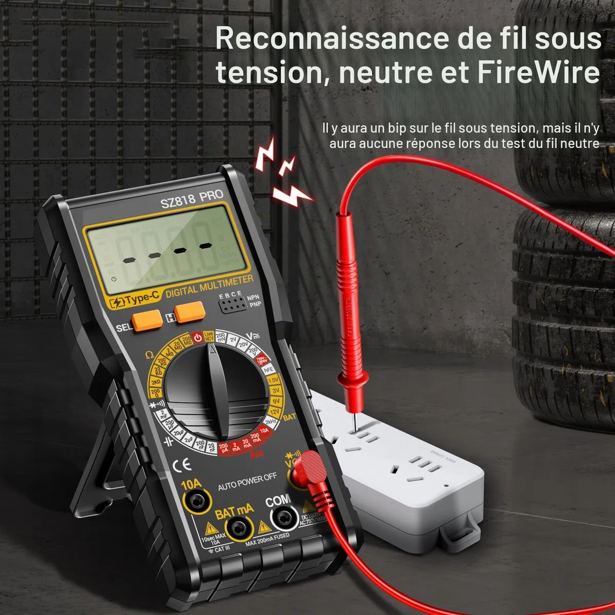 Multimètre numérique rechargeable - Multimètre numérique intelligent - Testeur de tension électrique - Batterie intégrée - Fonction de détection NCV - AC/DC - Résistance - Capacité - Fil neutre