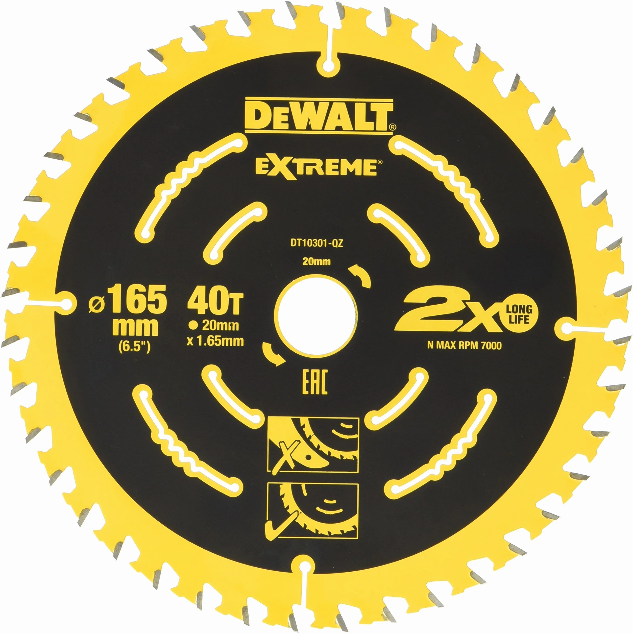 DeWalt Lame de Scie Circulaire Portative - DT10301-QZ - Lame Extreme Cutting pour Scies Circulaires - Lame Ø165mm - Taille de l'Alésage 20mm - Épaisseur 1,65mm - 40 Dents Argent