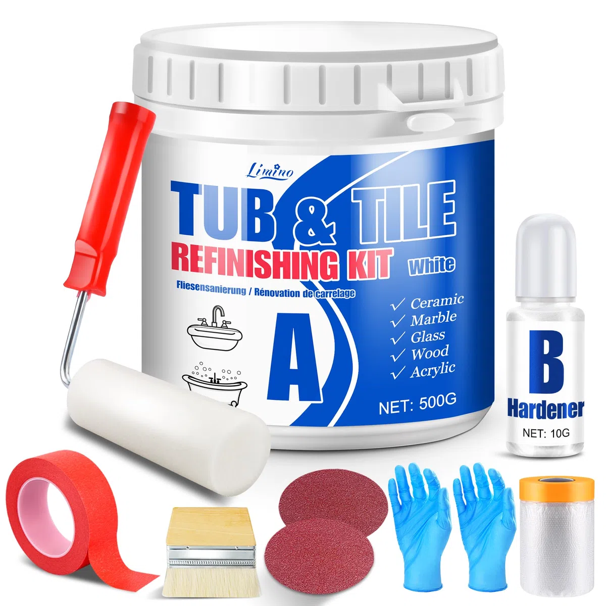 Kit de Rénovation de Baignoire et Carrelage - Peinture pour Carrelage Blanc Satiné avec Outils pour Baignoire, Lavabo, Plan de Travail pour Salle de Bain et Cuisine, Céramique, Porcelaine (500g)