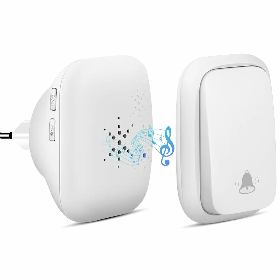 Sonnette sans Fil, PDGROW Sonnette Auto Alimentée sans Batterie Requise Carillon de Porte sans Fil, Bouton Poussoir étanche à 150m de Portée avec 38 Carillons, Volume à 4 Niveaux et LED - Blanc