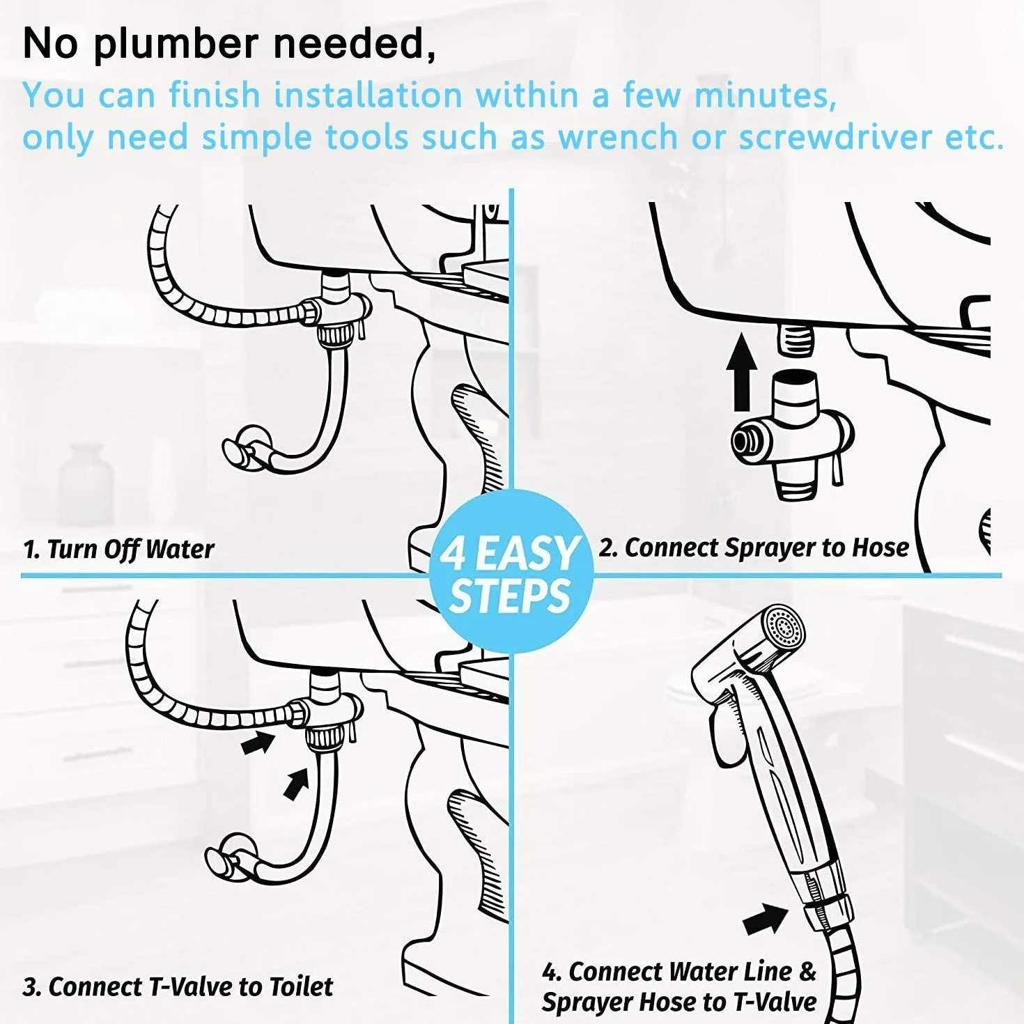 Vaporisateur de Toilette Douchette à Main Bidet en Acier Inoxydable - avec Vanne 3 voies (1/2"-3/8") parfait pour Hygiène personnelle, Soins de nettoyage
