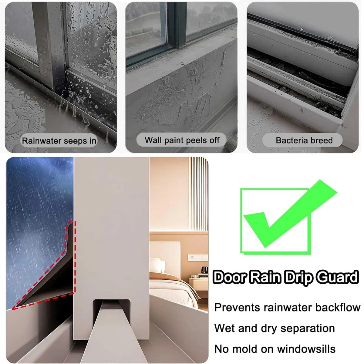 Bande de joint météo en caoutchouc pour gouttière de porte, déflecteur de pluie autocollant extérieur pour fenêtre, bande de protection contre l'eau résistante aux intempéries pour rebord de fenêtre