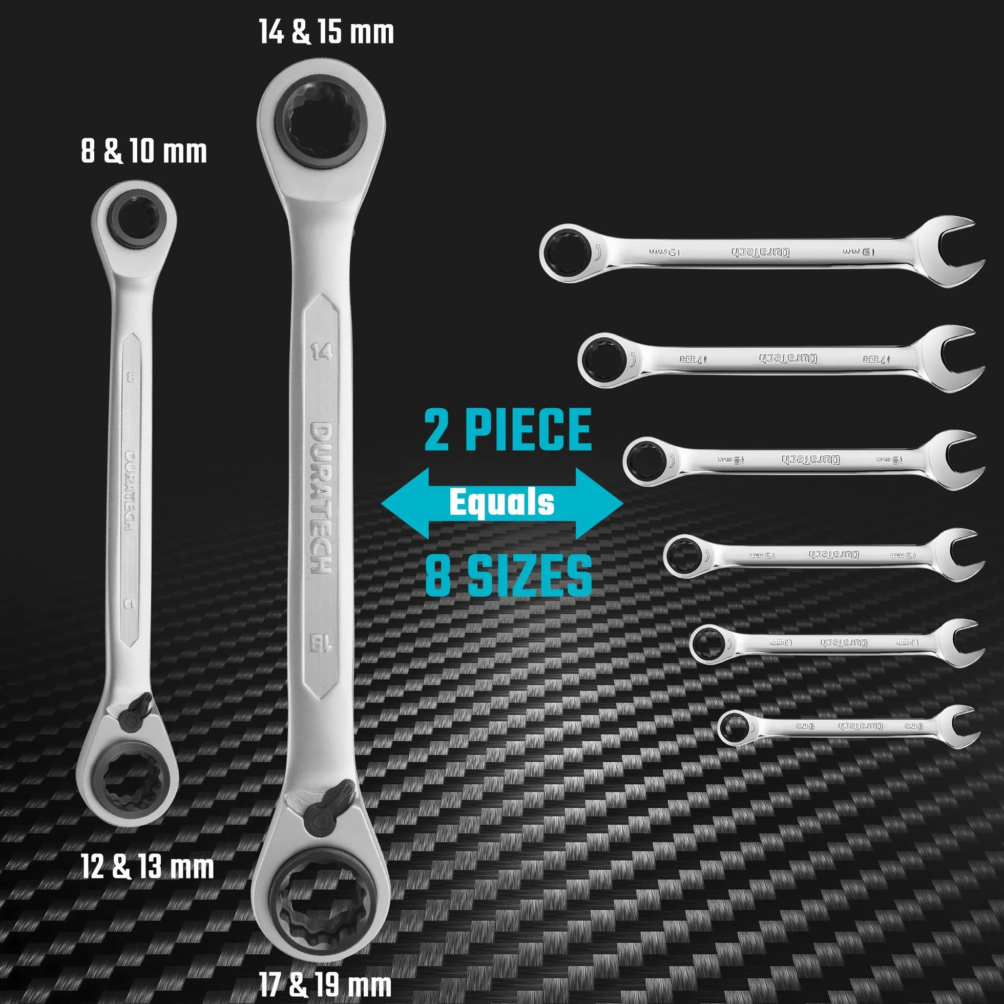 DURATECH Lot de 2 clés à cliquet réversibles 4-en-1, clés à doubles extrémités décalées, métriques, 8, 10, 12, 13 & 14, 15, 17, 19 mm