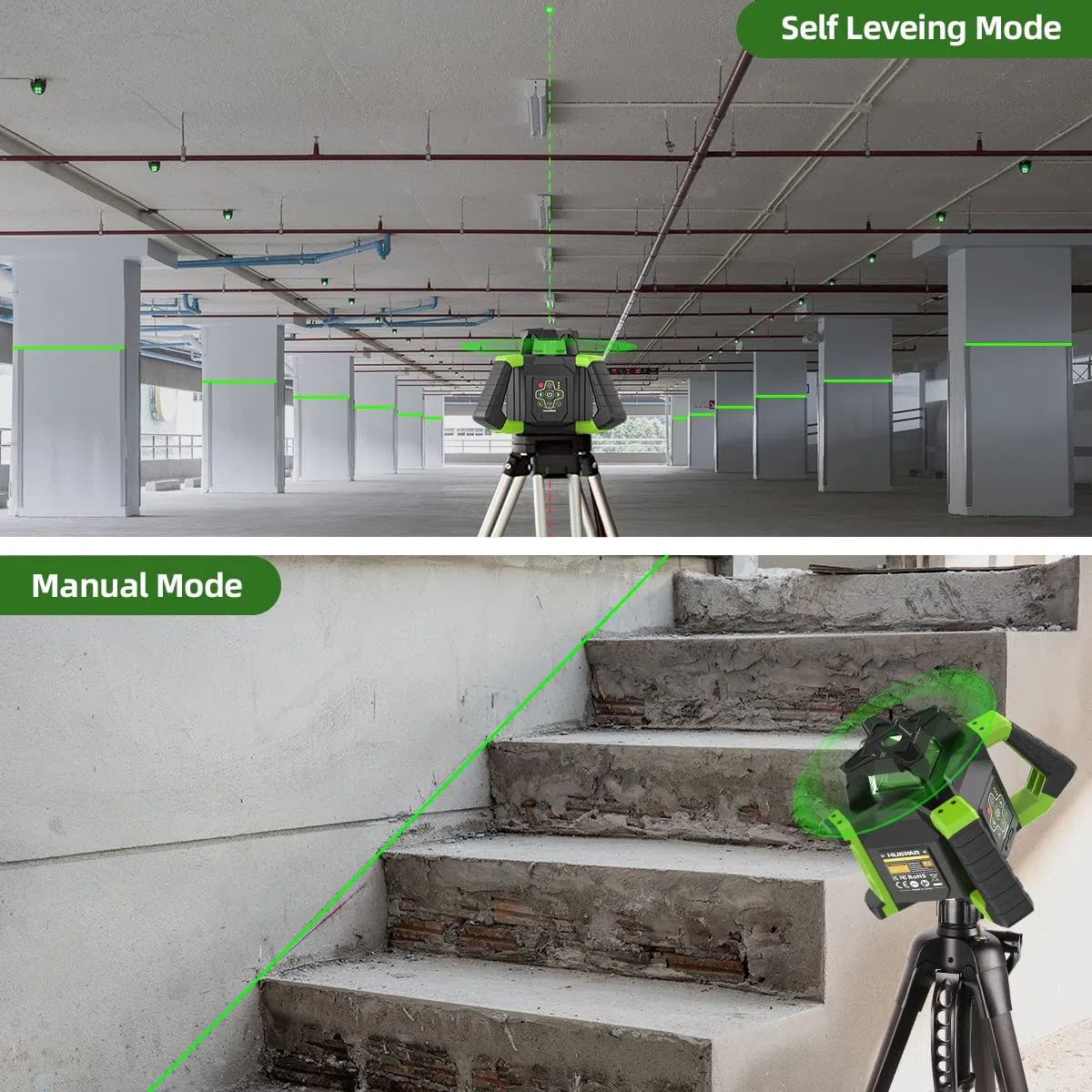 Huepar Niveau Laser Rotatif 800M+Points d'Aplomb,Kit Vert Laser Rotatif Horizontal/Vertical Auto-Nivellement Angle Balayage 0-180° avec Lunettes, Récepteur, Plaque Cible, Télécommande, Batterie Li-ion
