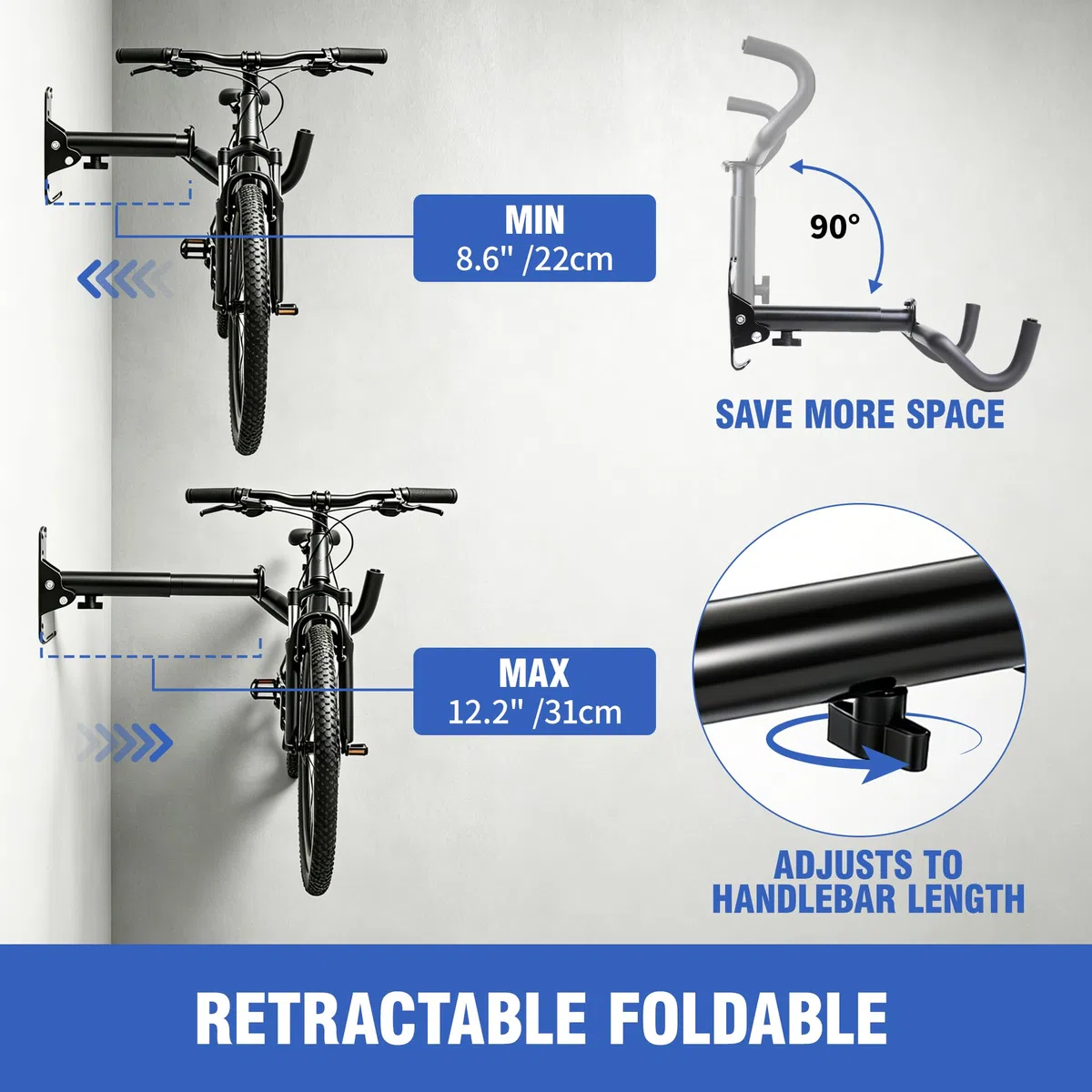 Support Mural Vélo, Porte-Vélo Horizontal pour Garage, Crochet Mural Résistant et Réglable pour Vélos de Route, VTT et Hybrides – Idéal Garage, Appartement et Maison-1 paquet | Rétractable et Pliable
