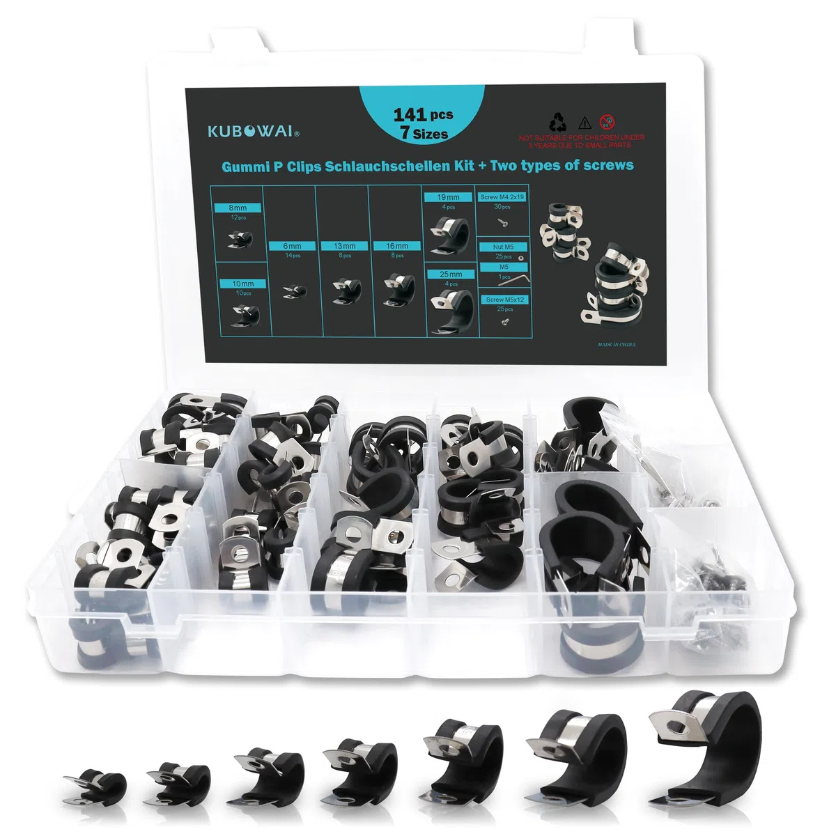 Lot de 141 Colliers de Serrage en Caoutchouc P en Acier Inoxydable 304 avec Insert en Caoutchouc, 7 Tailles (6 mm/8 mm/10 mm/13 mm/16 mm/19 mm/25 mm)