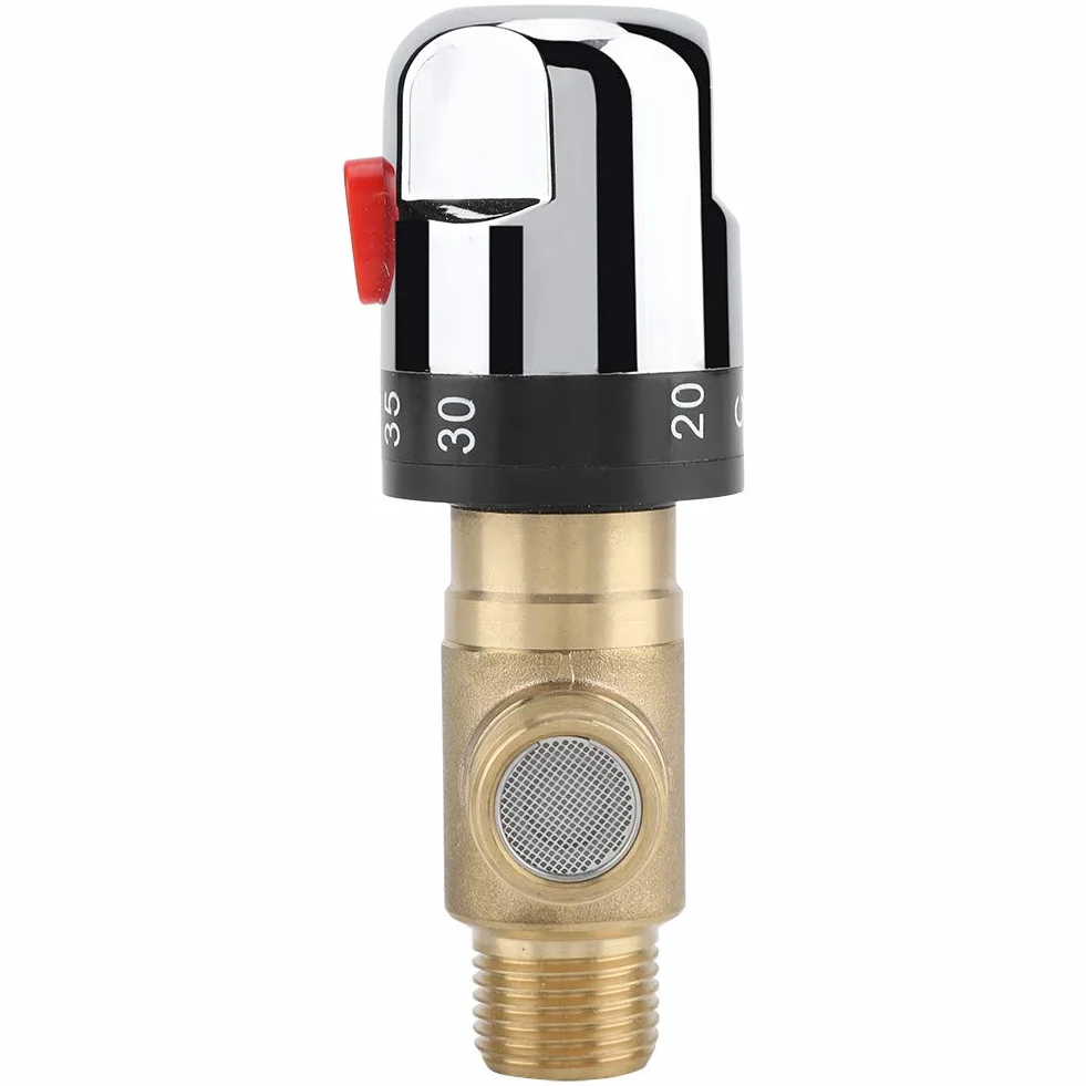 Mitigeur Thermostatique avec Raccords Mâles 1/2 NPT, Vanne de Contrôle de la Température de L'eau, Contrôle du Thermostat, Laiton Massif