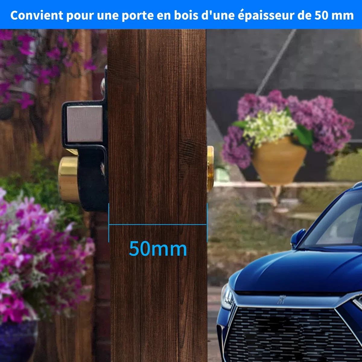 Serrure de portail longue portée 50 mm, double verrouillage, en acier inoxydable, pour portail en bois, 5 clés