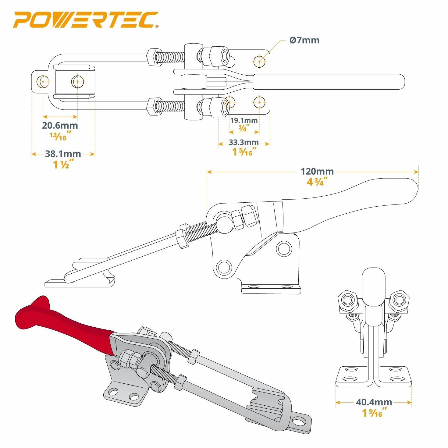 POWERTEC 1 pince à bascule, capacité de maintien de 898 kg, loquet à boulon en U vertical réglable à 90 degrés avec poignée antidérapante pour gabarits et fixations de travail du bois, fumoir,