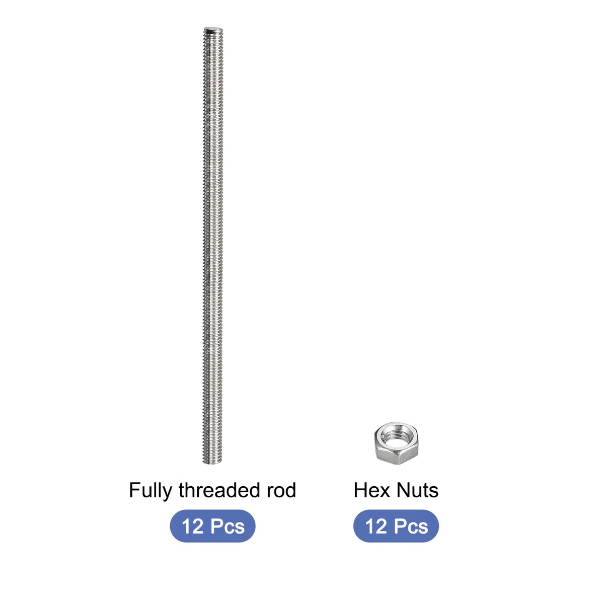 QUARKZMAN 12 Pcs M5 x 250mm Entièrement Fileté Tige avec 12 Pcs Hex Écrous, 0,8 mm Filetage Pas 304 Inox Acier Droite Main Fileté Tiges Barre Goujons