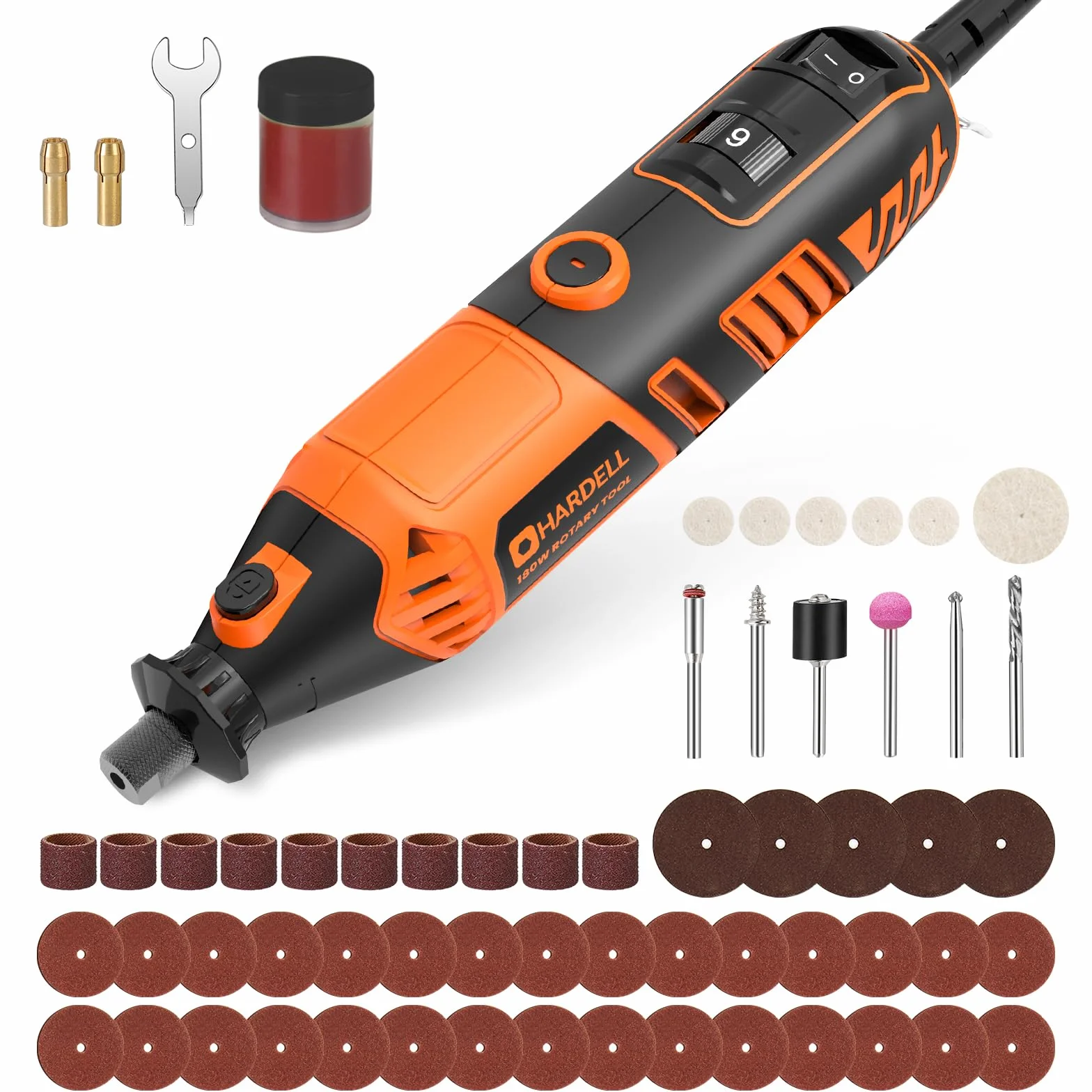 HARDELL Outil Rotatif Multifonction 180W - Outil Rotatif Filaire, 6 Vitesses Variables 8000-35000 tr/min, 61 Accessoires pour Ponçage, Polissage, Découpe, Gravure, Sculpture