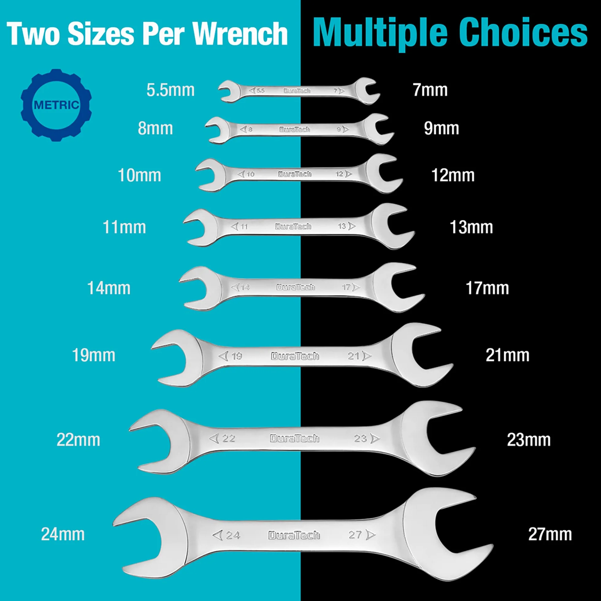 DURATECH Jeu de 8 Clés Plates Doubles Ultra-Fine 5,5 mm-27 mm, Clés Plates à Double Extrémité Ouverte, Chromé Miroir, 3 mm d'Épaisseur, avec une Pochette Enroulable