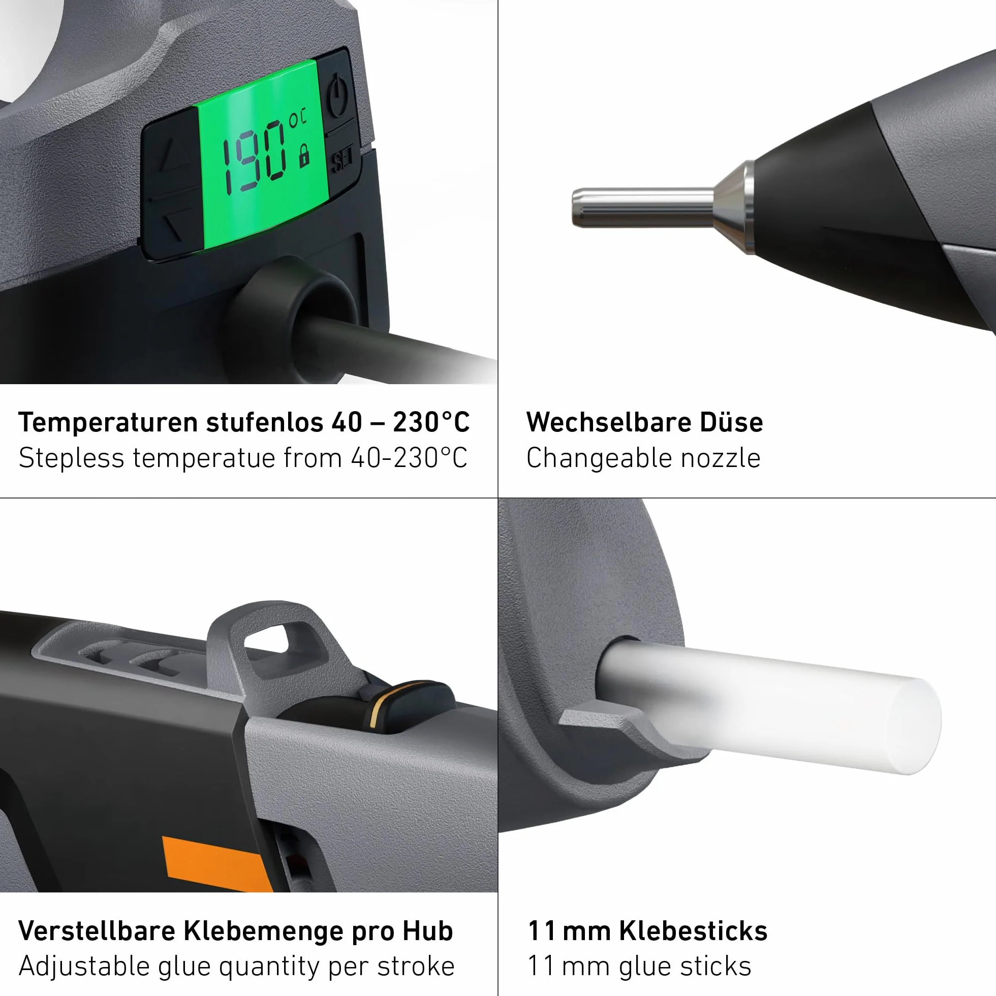 Steinel Pistolet à colle filaire GlueMatic 7011, incl. 3x 11 mm bâtons de colle, réglage électronique, quantité de colle réglable, buses interchangeables, 110 W