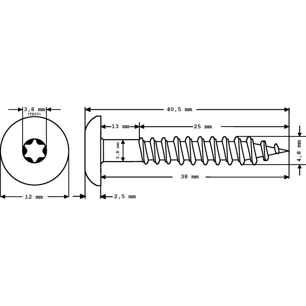 Vis de façade à tête plate en acier inoxydable V2a 4,8 x 38 mm, gris