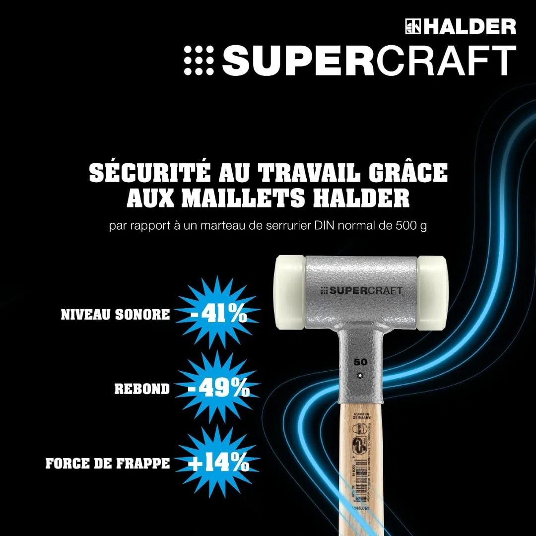 Maillet SUPERCRAFT, Avec manche en hickory verni, amortissant les vibrations et ergonomique et embout arrondi | D=30 mm | 3366.230