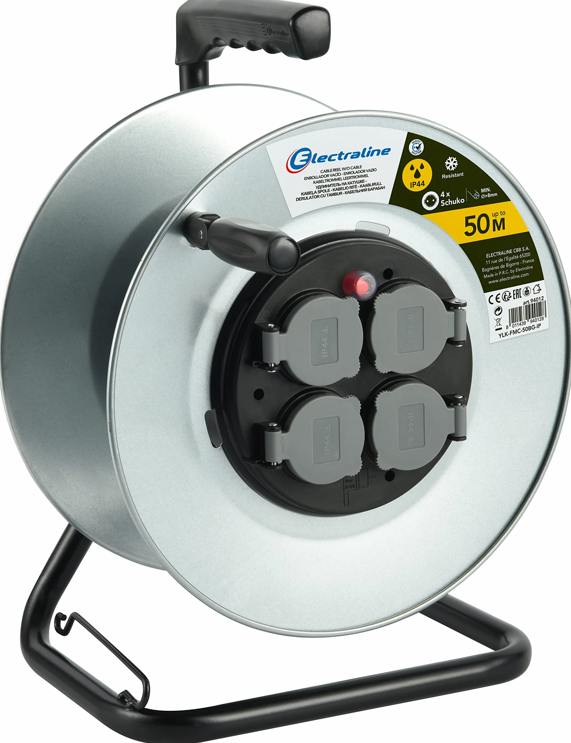 Electraline 94012 Bobine de construction métallique professionnelle 4 prises IP44 Sans passage des câbles et poignée ergonomique, convient aux gants de travail