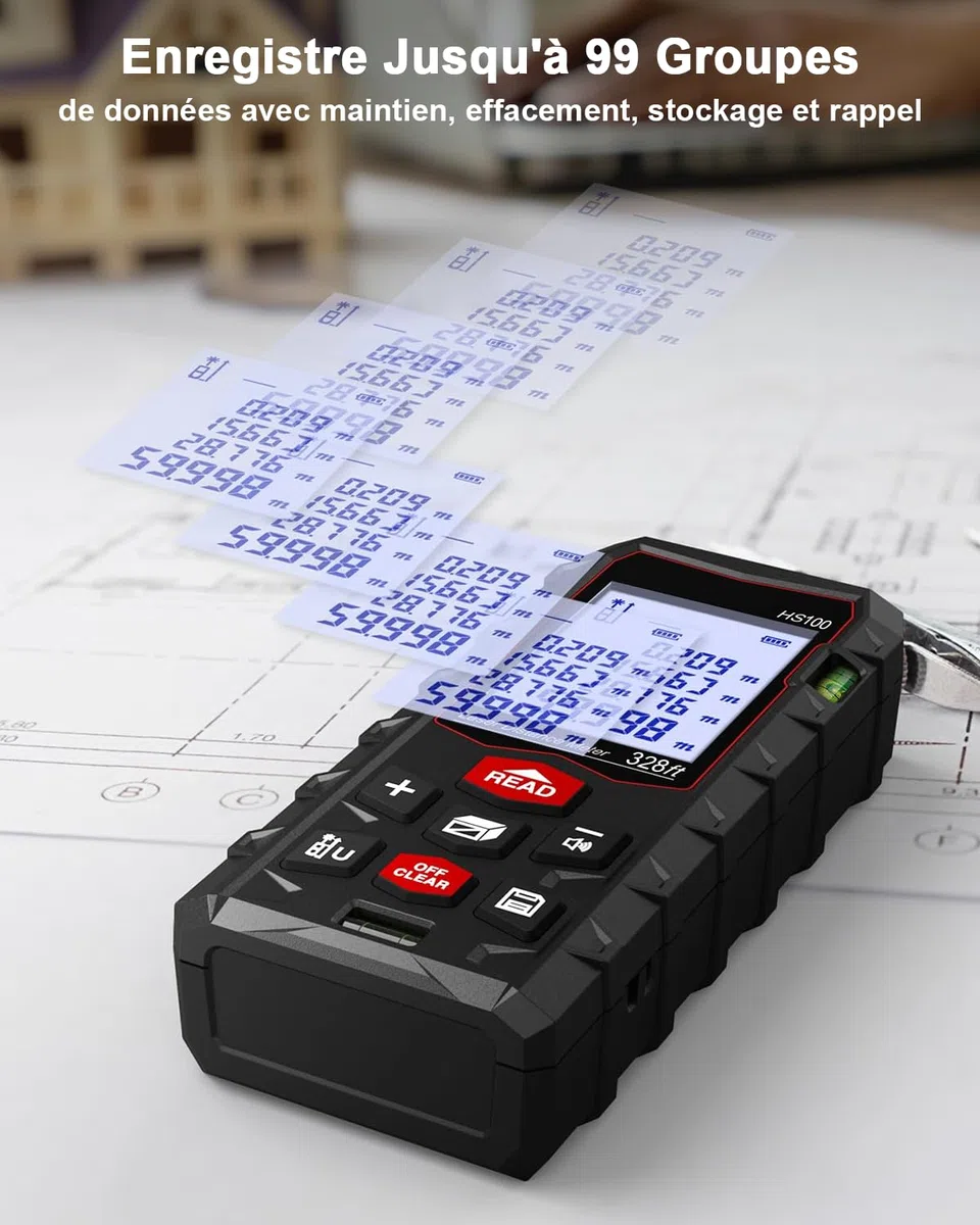 Télémètre Laser Numérique Professionnel, Mètre Laser, Portée 60m/100m, Double Niveau d’Alignement, Étanche IP54, Surface, Volume, Grand Écran LCD Rétro-éclairé, Intérieur Extérieur