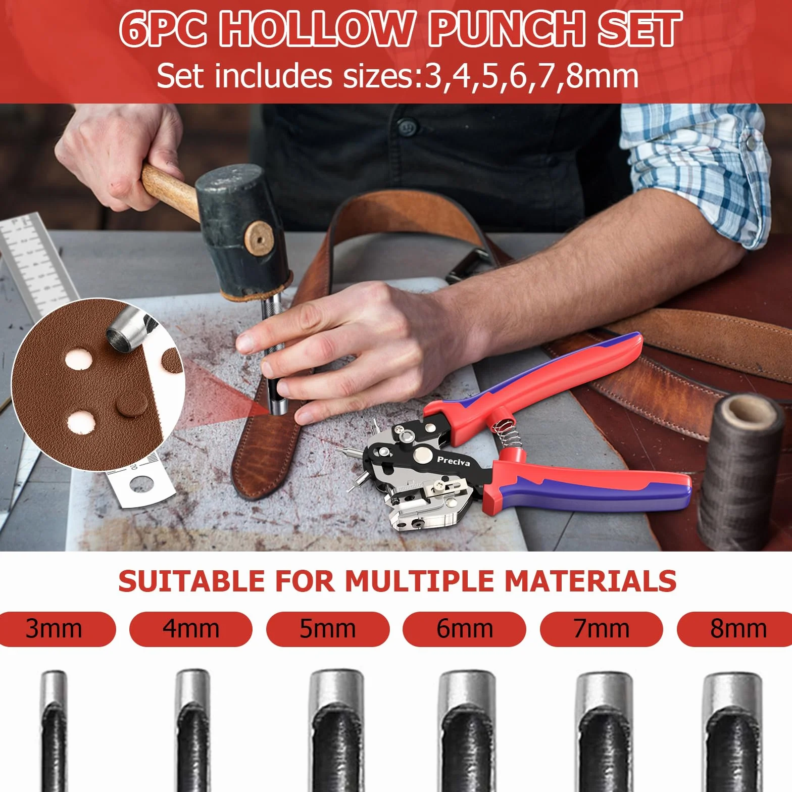 Poincon Cuir, Preciva 10 Tailles de Perforateur pour Cuir, avec 6 Perforateurs Supplémentaires, Règle, outil de Perforation en acier Inoxydable pour Ceinture, Fer Fin, Carte en Papier,Tissus