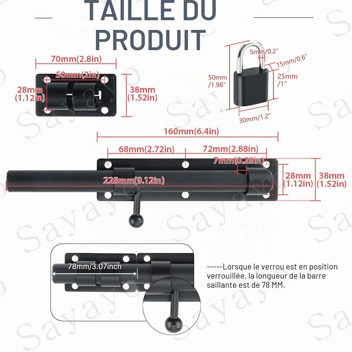 SAYAYO Loquet Porte Exterieur Verrou Porte Coulissante avec Cadenas et 4 Clés, Verrou Portail Robuste en Acier Inoxydable, 230MM Longueur, Noir Mat, EMST8100-B