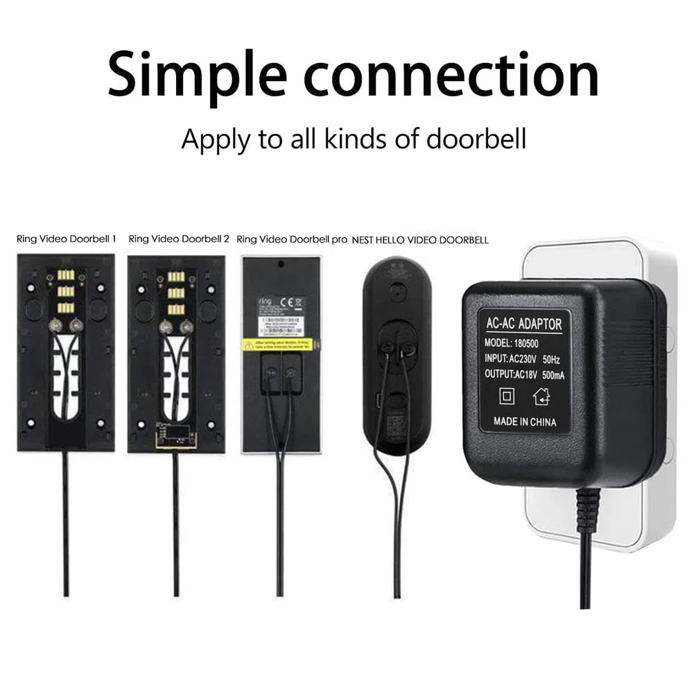 ARMED Adaptateur Secteur pour Sonnette, Transformateur de Sonnette 18V 500MA, Câble 10M, Sonnette à Anneau Compatible, Sonnette VidéO Prise UE