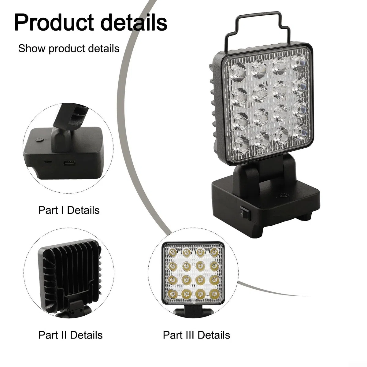 Lampe de poche LED sans fil pour batterie 18 V 20 V BL1518 BL2018 PCC680L FMC680L Tête réglable à 90 degrés 1200 lm pour camping atelier