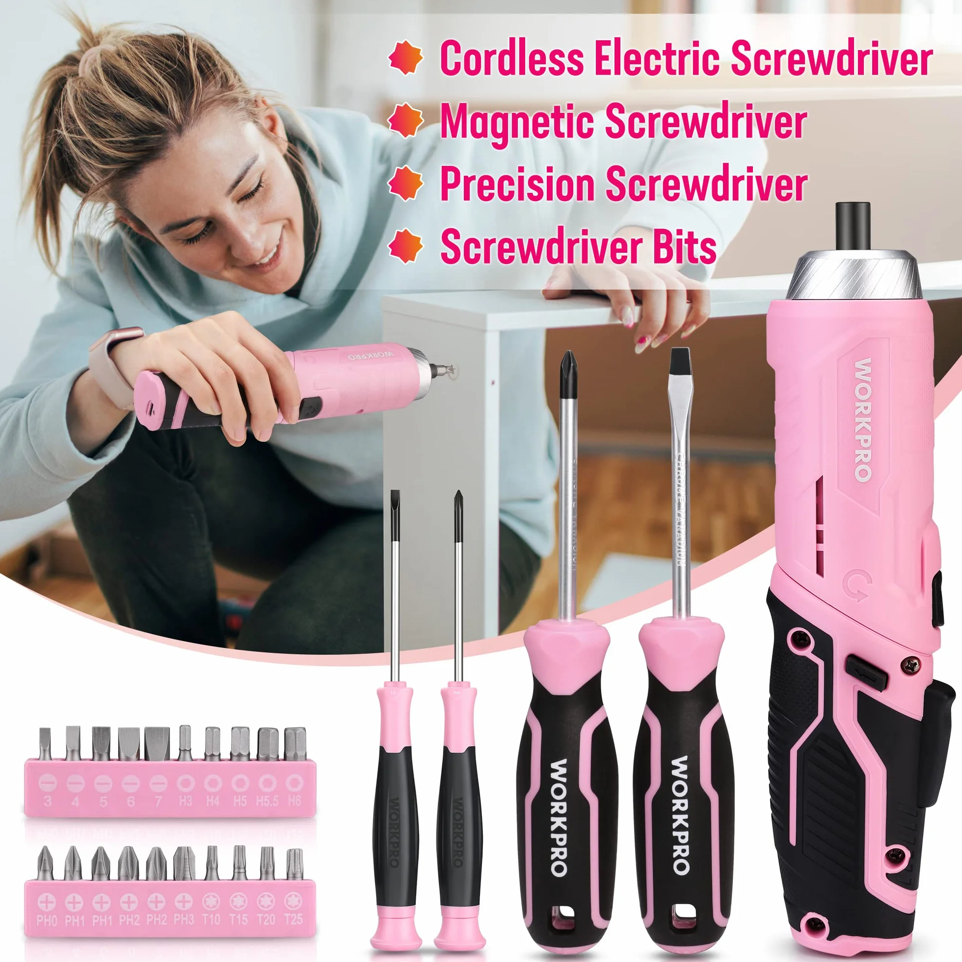 WORKPRO Caisse à Outils Complète 73 Pièces avec Tournevis sans Fil 3,7 V | Boîte en Métal Portable, pour Réparation Domestique et Travaux, Coloris Rose