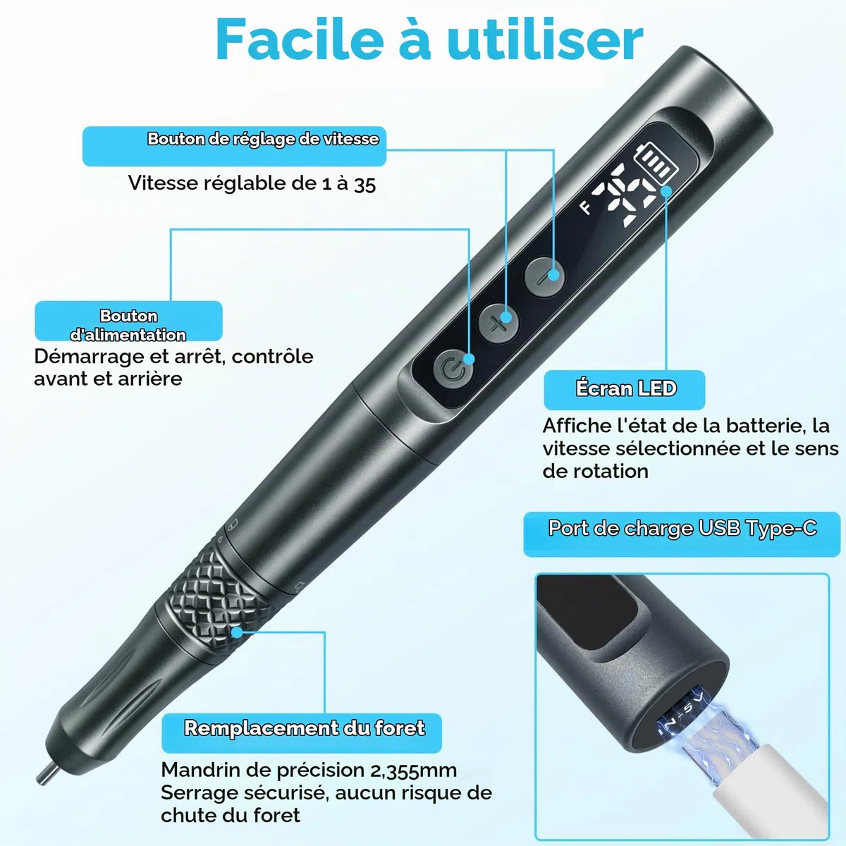 CGBE 35 Vitesses Stylo Graveur avec 58 Accessoires pour Artistes Bricoleurs | USB Rechargeable Stylo Graveur Électrique pour Verre Bois Métal - Professionnel Stylo à Graver Portable avec Écran LED