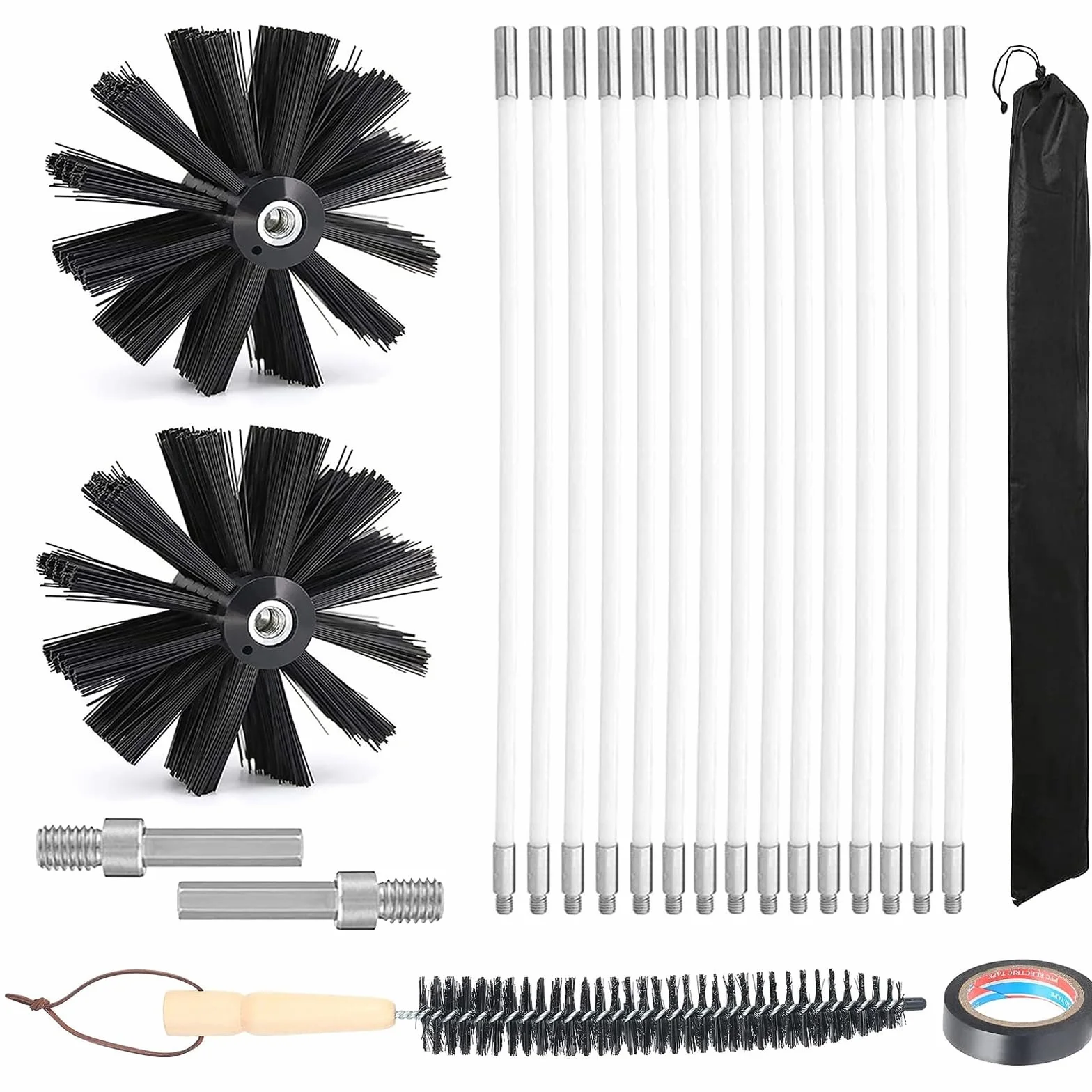 Kit de Ramonage, Brosse Nettoyage Cheminée Ø200mm Outil Nettoyage pour Cheminées avec 15 Tiges Flexibles de 410 mm et 2 TêTes de Brosse pour Cheminée évent de Sécheuse Tuyau d'égout poêle à Bois