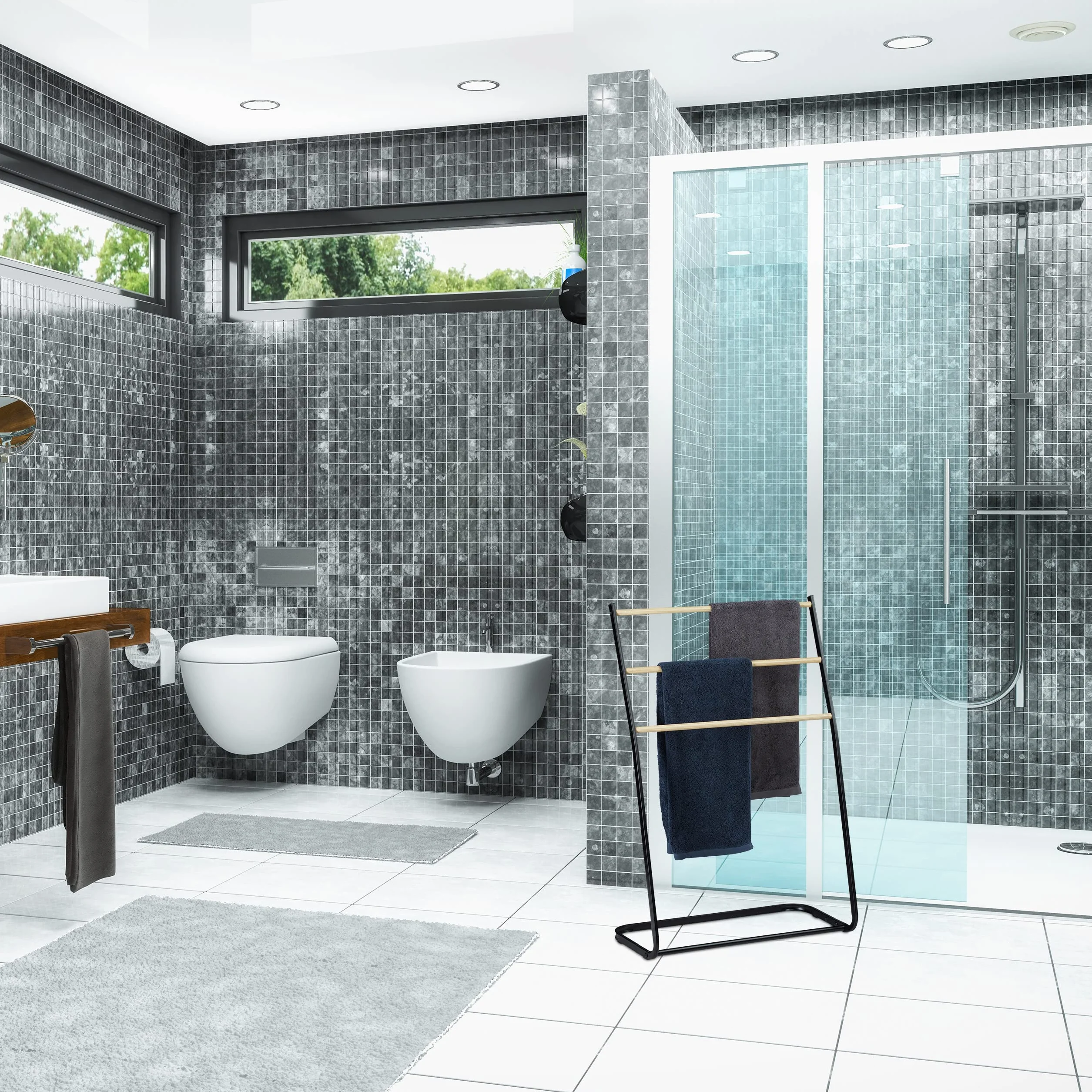 Relaxdays, noir Porte pieds, échelle, escalier 3 barres, métal bois support serviette bain, 86x58x30 cm, fer, 1 élément