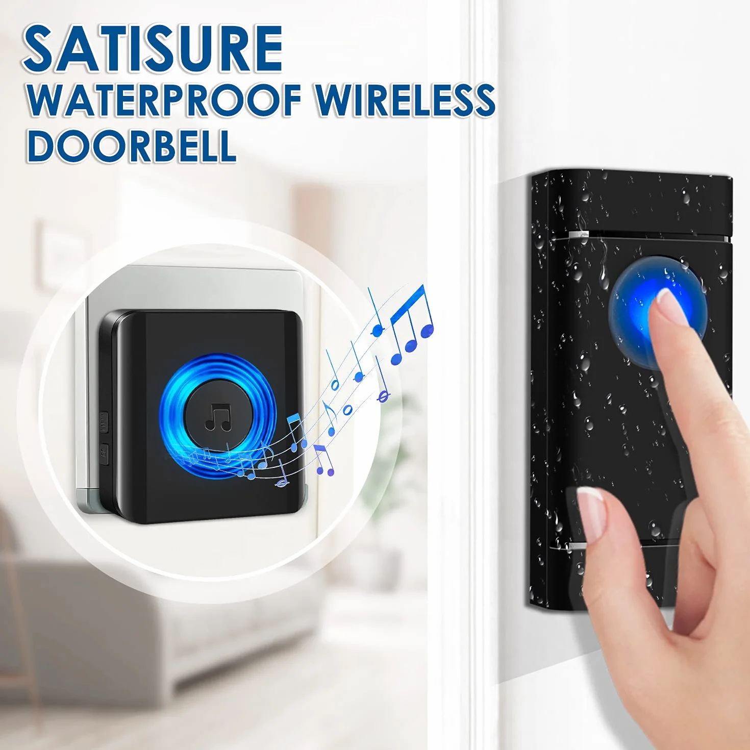 Satisure Sonnette sans Fil 2 Emetteurs 2 Recepteurs | 400M/1300FT, Carillon de Porte Extérieur Étanche IP55, 58 Mélodies à 5-Niveaux Volume et Kit Carillon, Jardin, Hôtel, Bureau