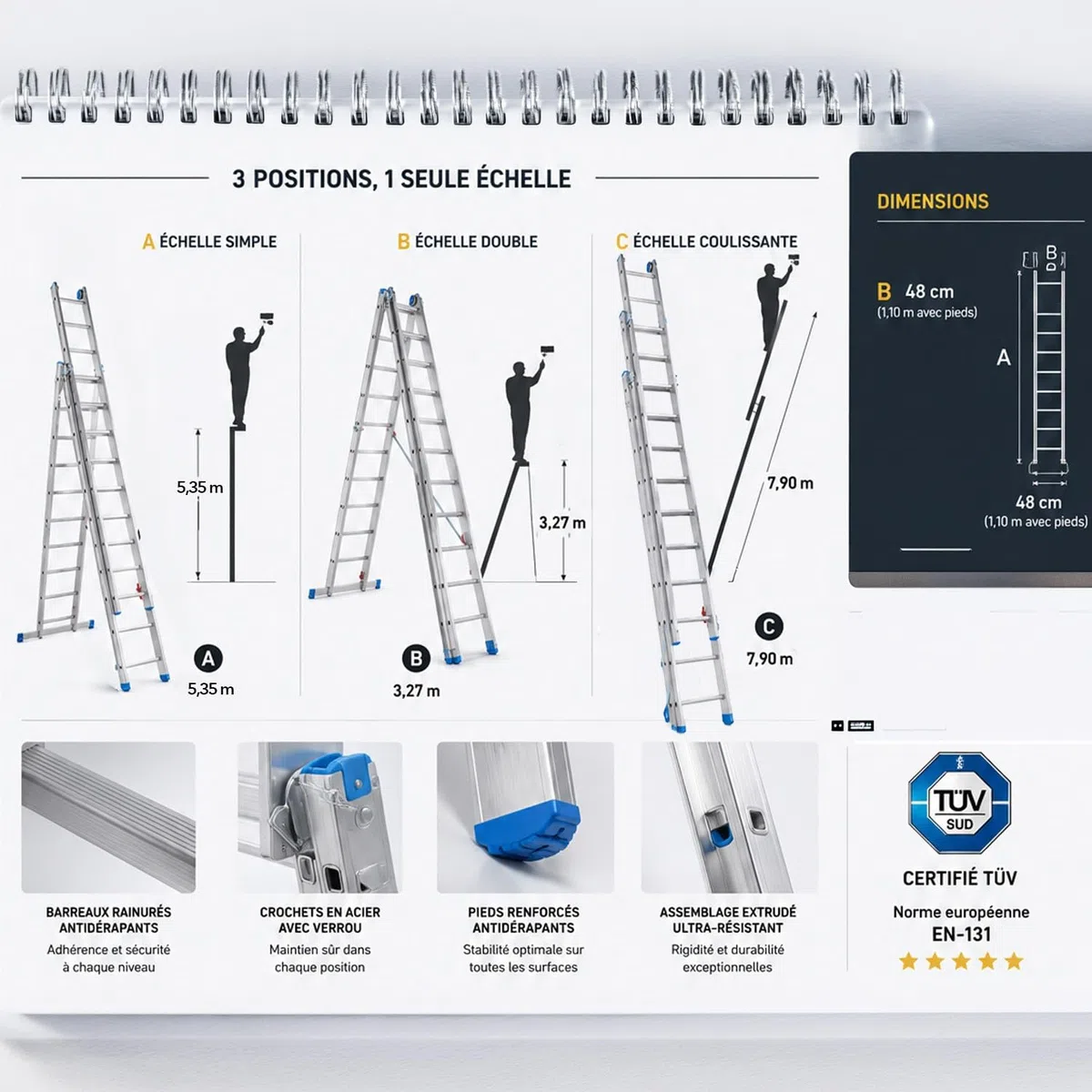 Petra Echelle Professionnelle Transformable en Aluminium 3 Plans 12 marches
