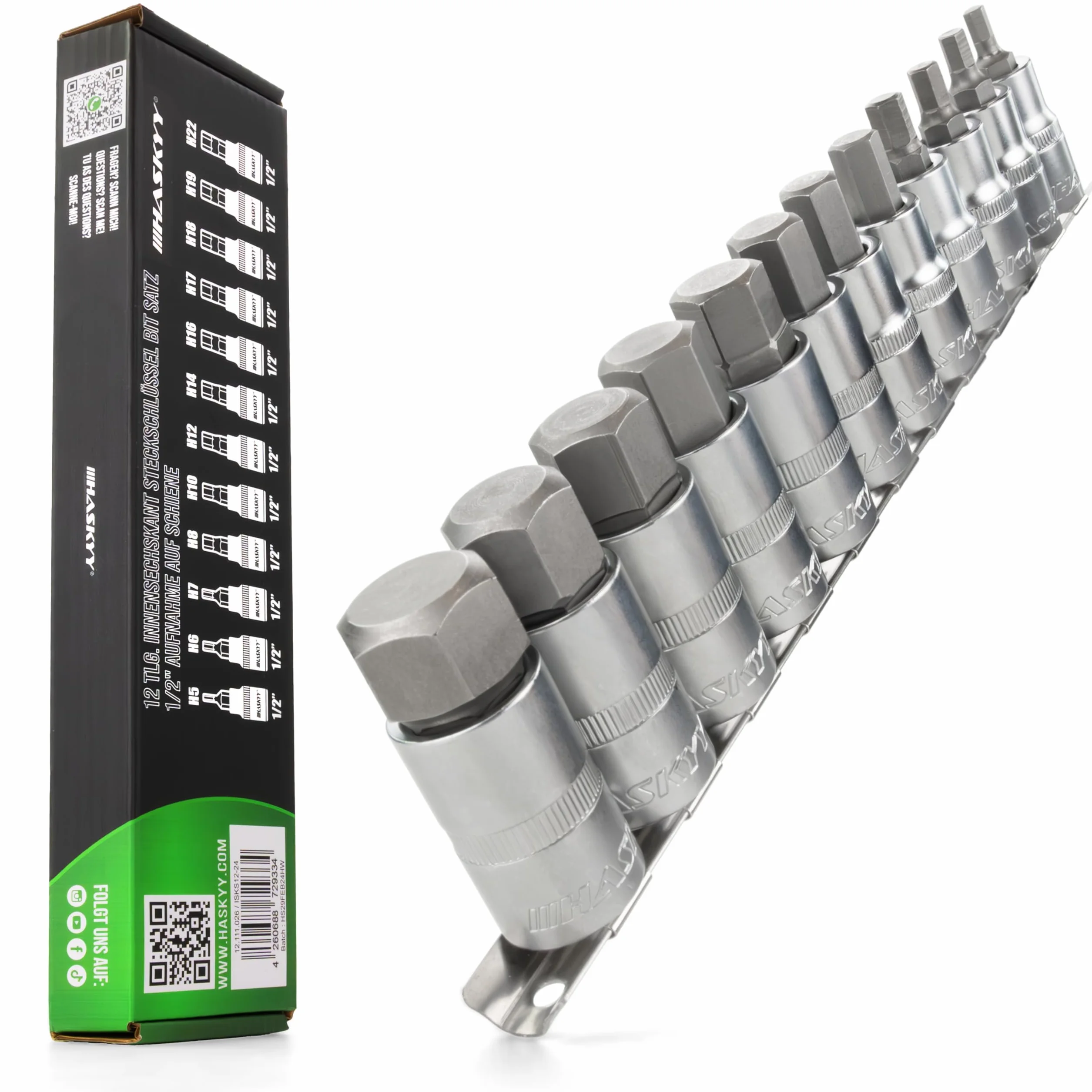 HASKYY Jeu de douilles à six pans creux 1/2" 12 pièces 5-22 mm Douilles hexagonales Jeu de clés sur rail pour vis Allen
