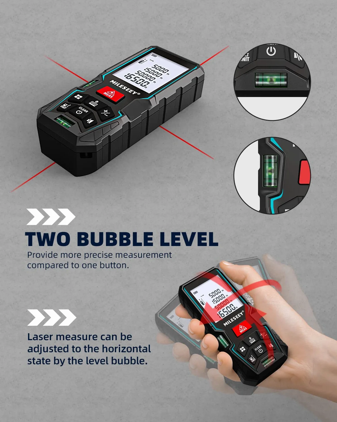 MiLESEEY Télémètre Laser 50M, Mètre Laser avec 2 Niveaux à Bulle, Précision de ±2mm, Écran LCD Rétroéclairé et Mode Pythagore, Mesure la Distance, la Surface et Le Volume, en Intérieur