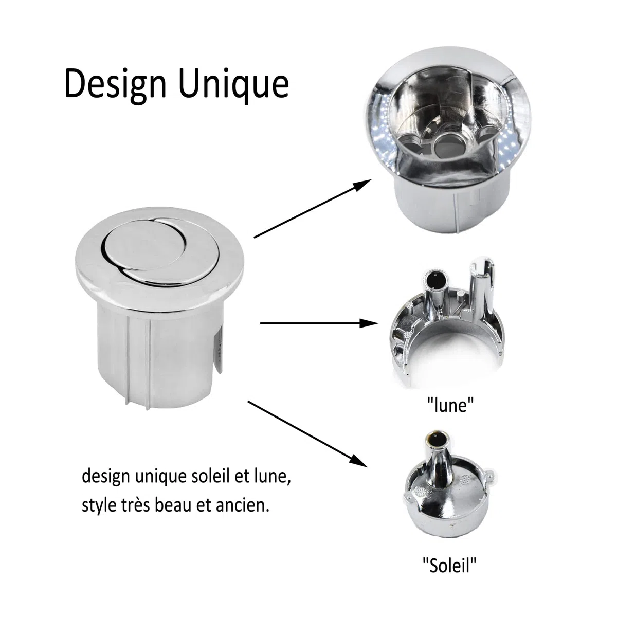 Bouton poussoir double et court WC D2D chromé multicolore 822043001 Compatible avec chasse d'eau