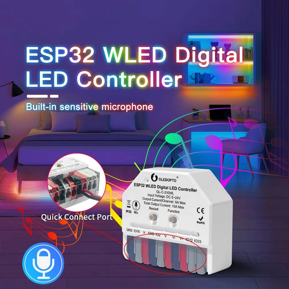 GLEDOPTO ESP32 Mini WLED LED Contrôleur With Mic DIY Music Dynamic Modes Digital WS2811 WS2812 SK6812 TM1814 WS2813 WS2815 Strip