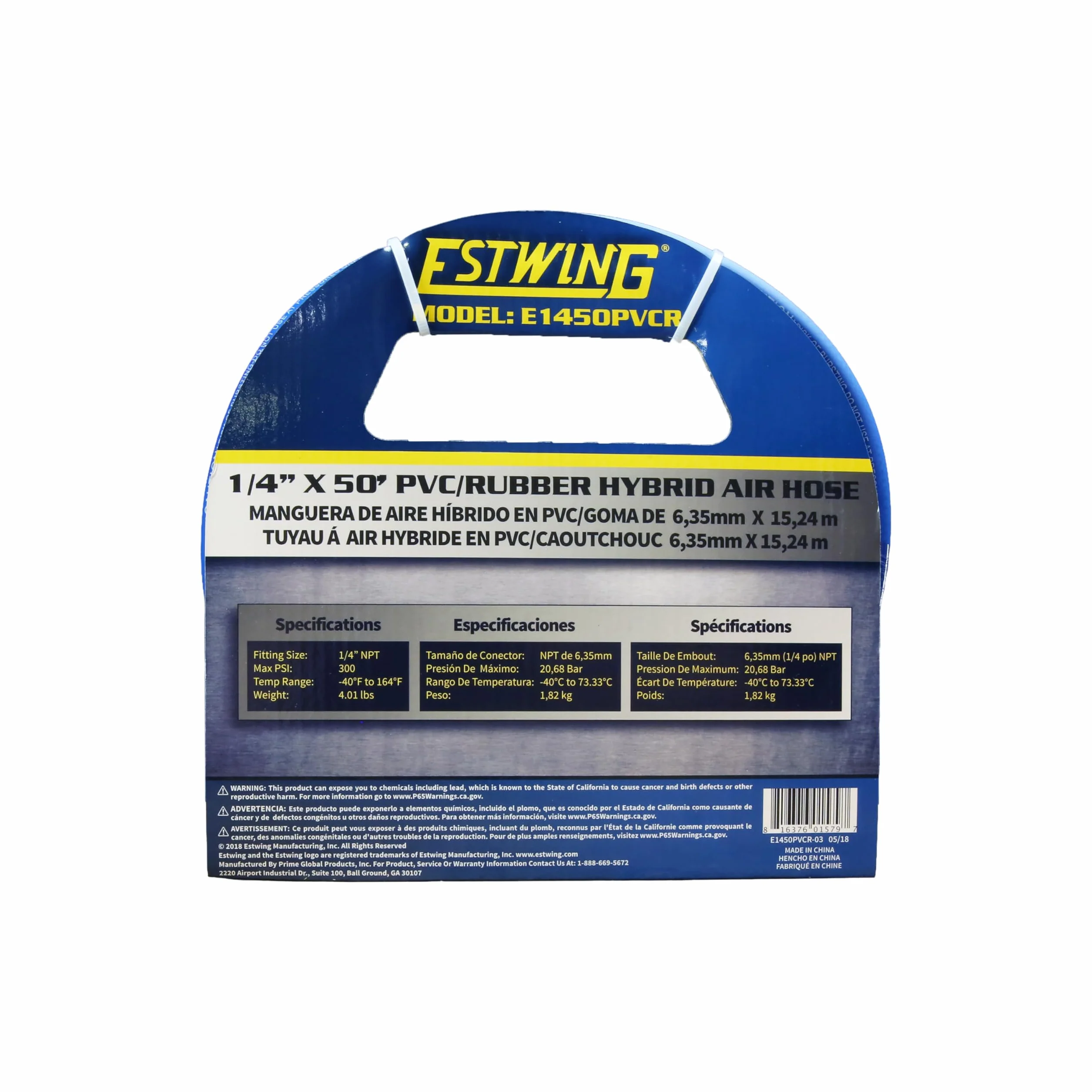 Estwing E1450PVCR Tuyau d'air hybride en PVC/caoutchouc de 15,2 m avec raccord industriel NPT en laiton et coupleur universel à connexion rapide, bleu et jaune, 0,6 cm x 15,2 m